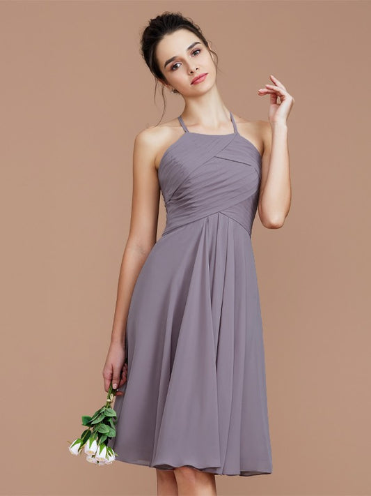 A-Line/Princess Halter Sleeveless Ruched Short/Mini Chiffon Bridesmaid Dresses