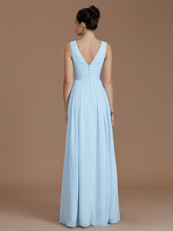 A-Line/Princess V-neck Sleeveless Ruched Floor-Length Chiffon Bridesmaid Dresses