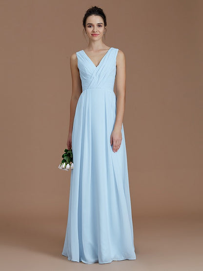 A-Line/Princess V-neck Sleeveless Ruched Floor-Length Chiffon Bridesmaid Dresses