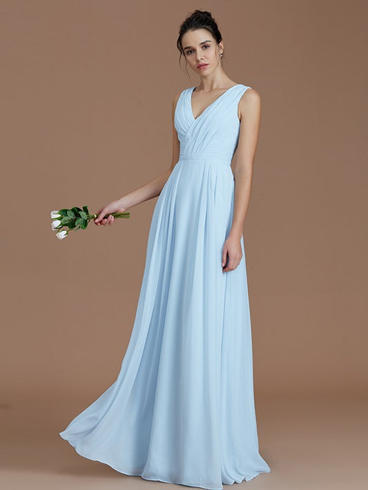 A-Line/Princess V-neck Sleeveless Ruched Floor-Length Chiffon Bridesmaid Dresses