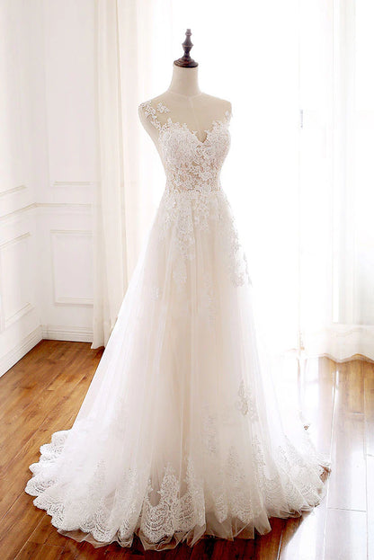 Round neck tulle lace long wedding dress