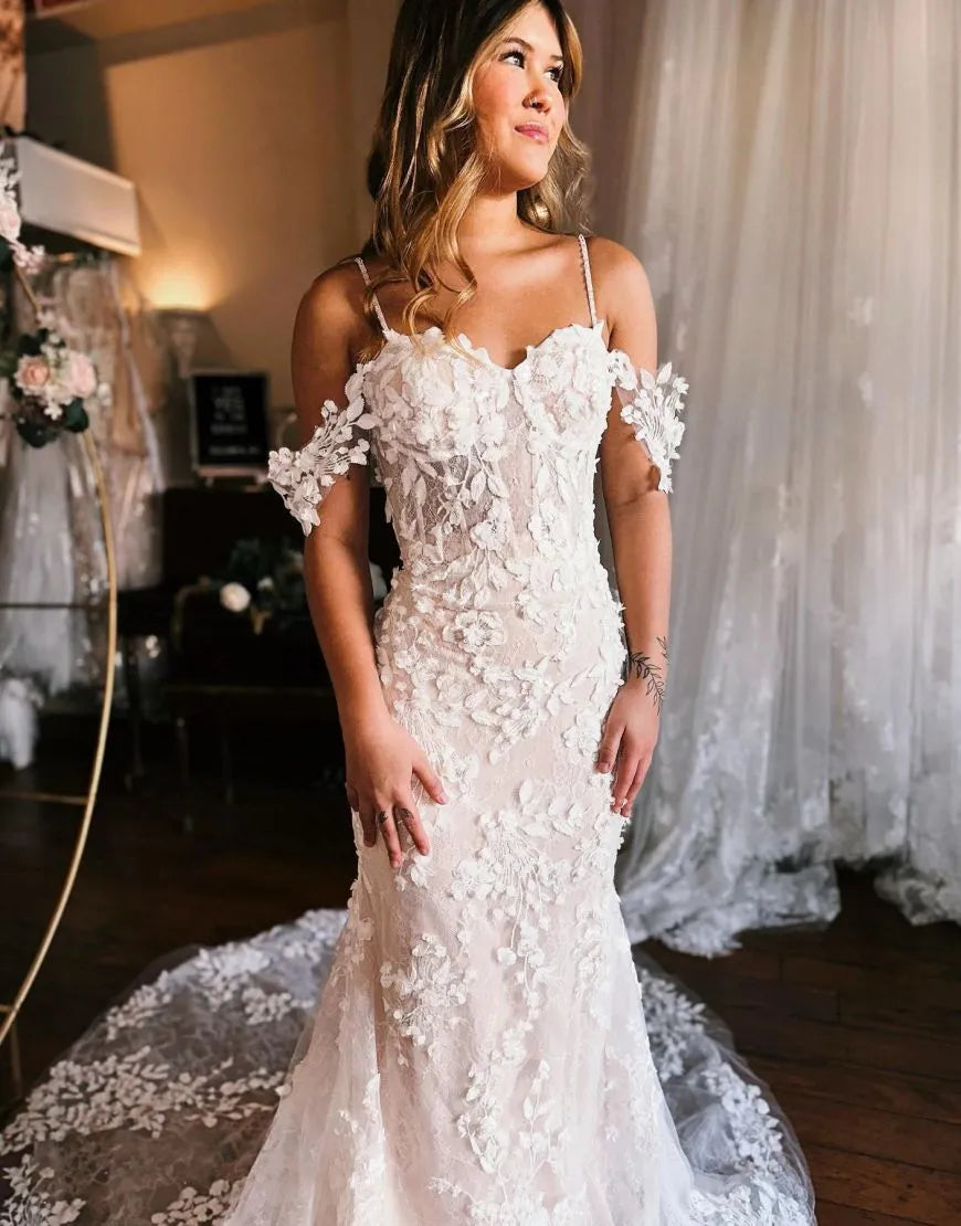 Mermaid Off The Shoulder 3D Appliques Wedding Dress