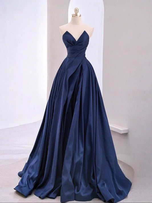 A-Line V Neck Satin Long Prom Dress