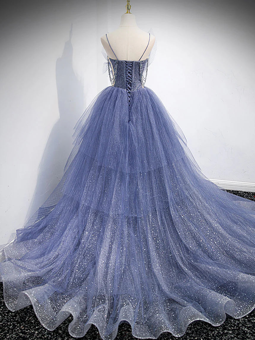 V neck tulle sequin long prom dress