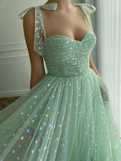 Sweetheart neck tulle tea length prom dress