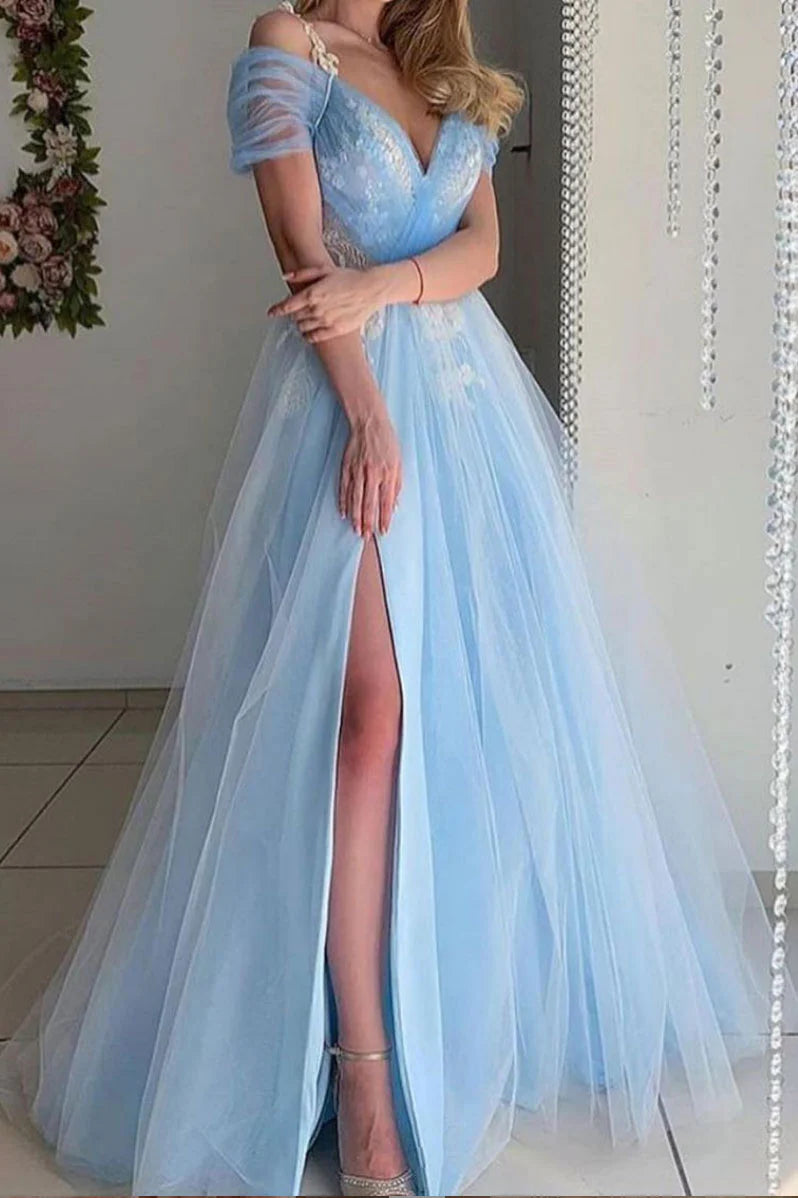 Neck V tulle long prom dress