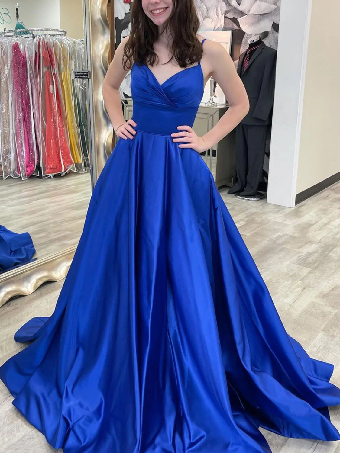 Simple V neck satin long prom dress