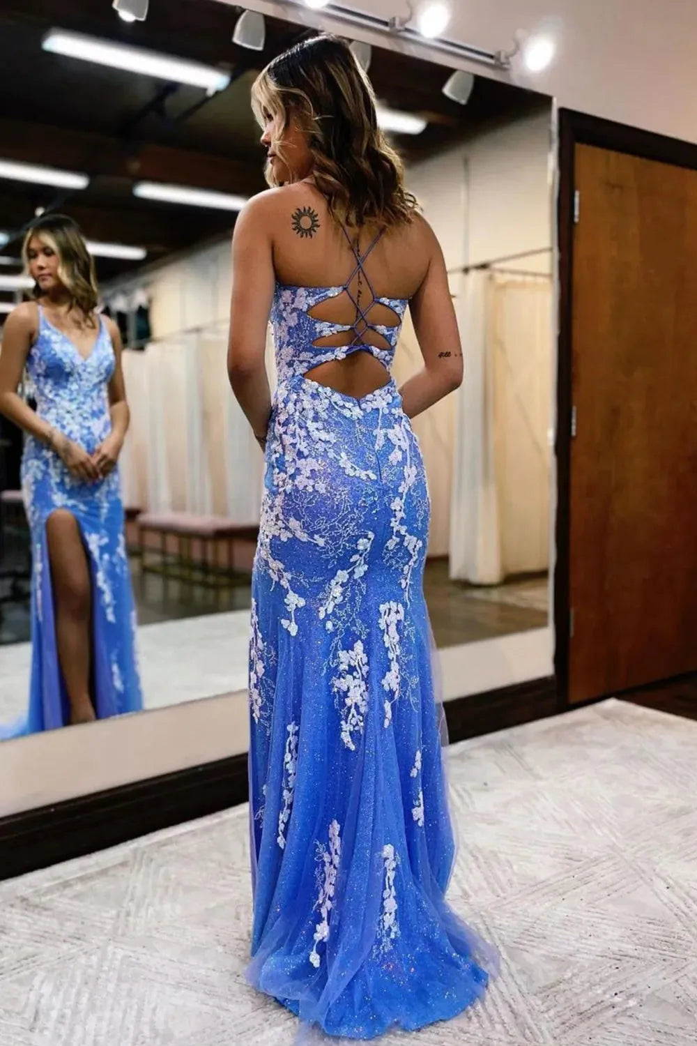 Mermaid Glitter Lace Long Prom Dress with Slit