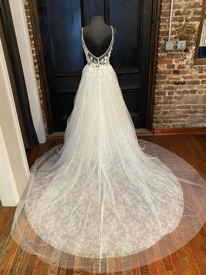 V neck tulle lace long prom dress