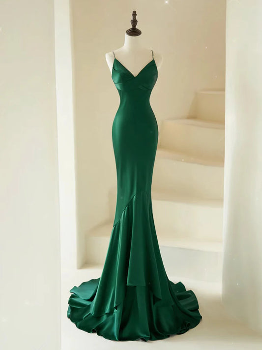 Mermaid V Neck Satin Long Prom Dress