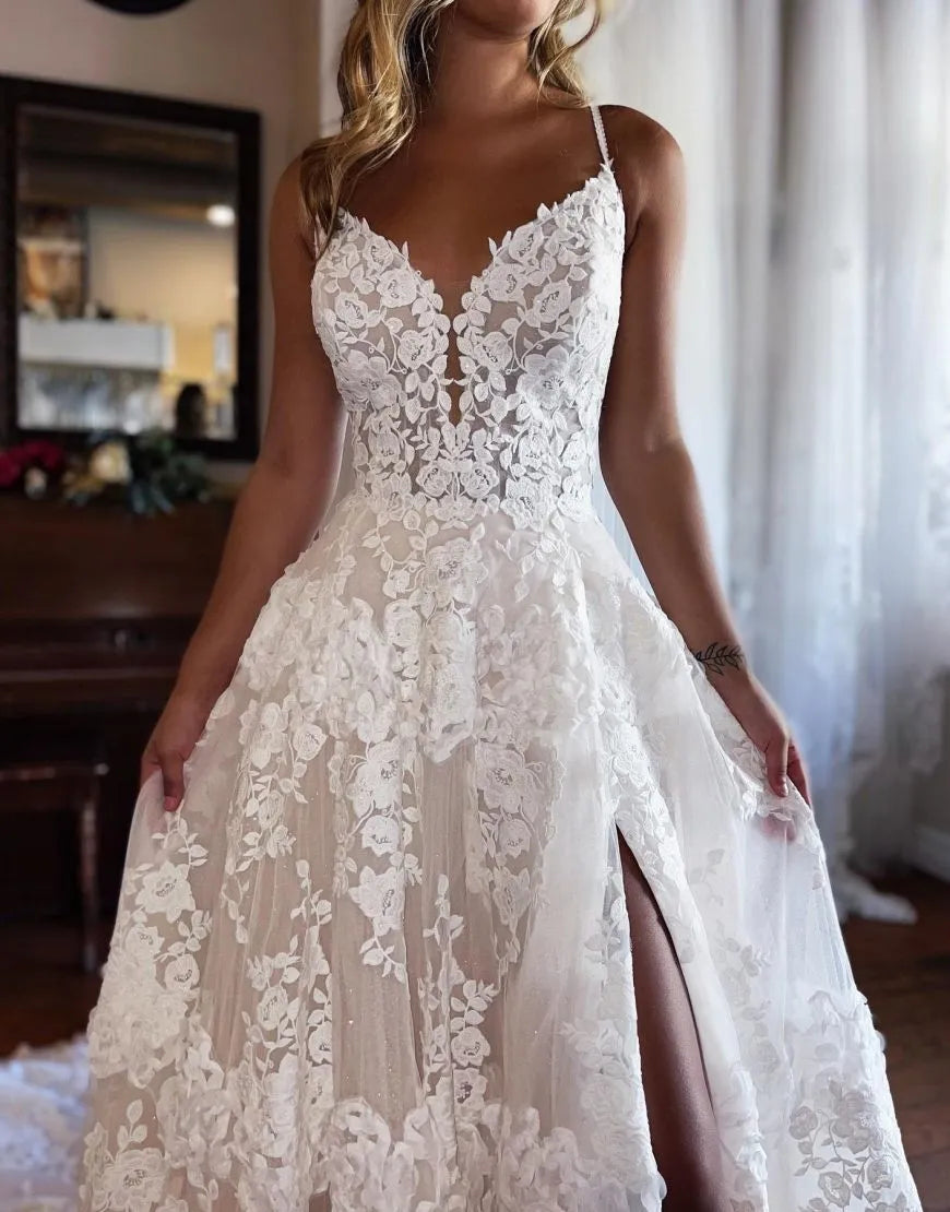 A-Line Spaghetti Straps Lace Wedding Dress