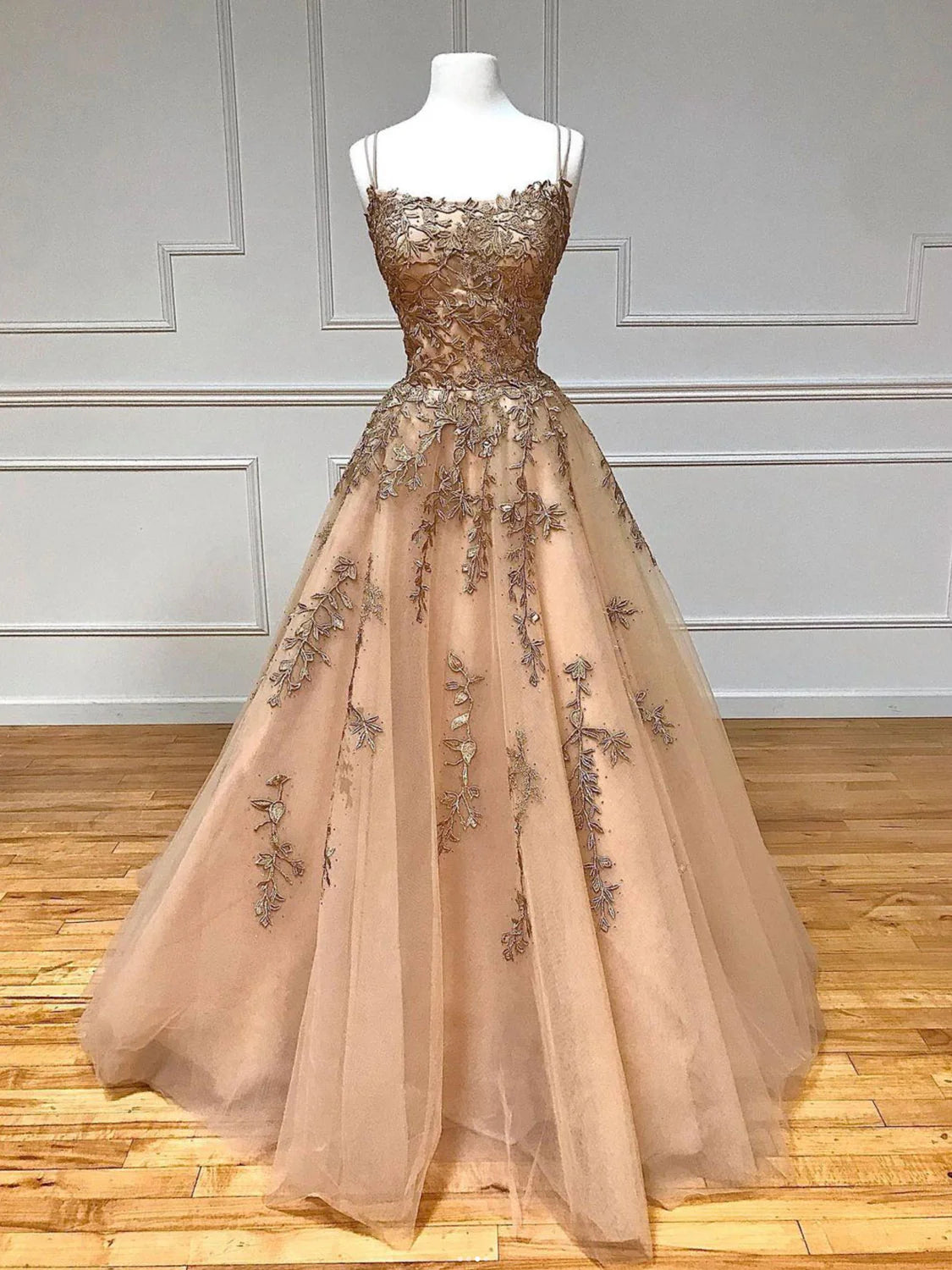 Tulle lace back long prom dress