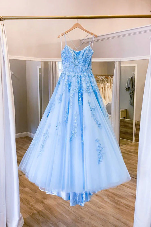 Round neck tulle lace long prom dress