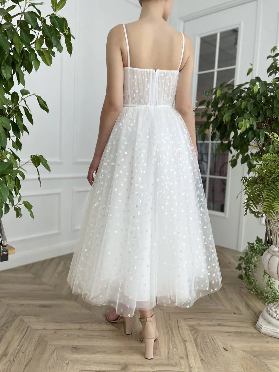 Sweetheart neck tulle tea length prom dress