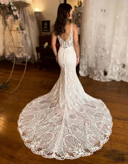 Mermaid Spaghetti V Neck Straps Court Train Lace Wedding Dress