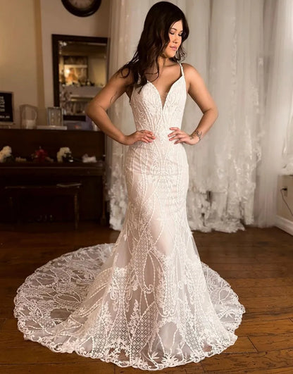 Mermaid Spaghetti V Neck Straps Court Train Lace Wedding Dress