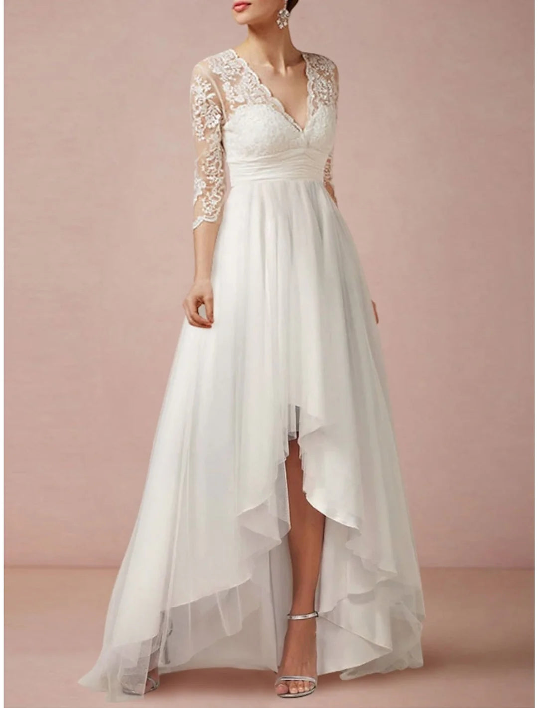 A-Line V Neck Lace Wedding Dress