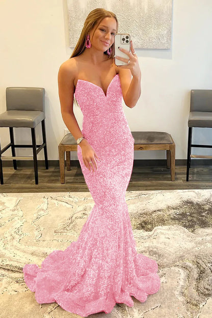 Mermaid Sequin Strapless Prom Dresses Long Formal Dress Evening Gown