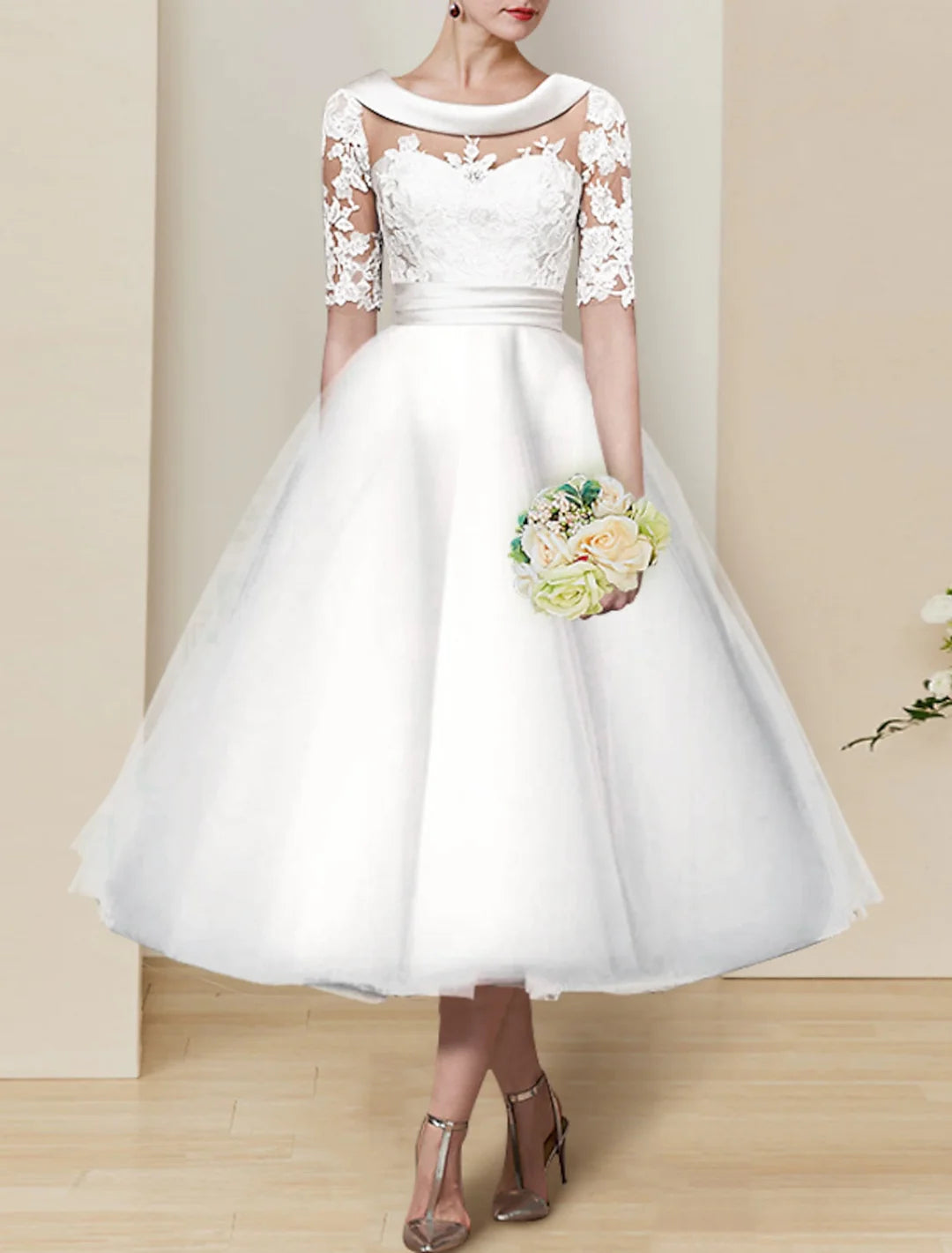 Ball Gown Tea Length Lace Wedding Dress