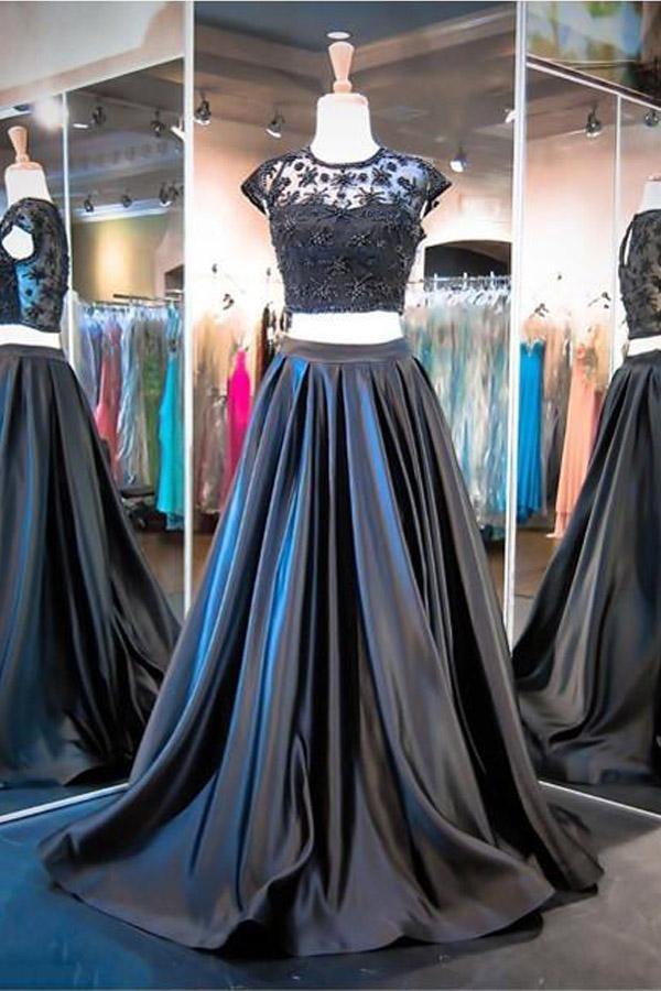 Two Piece A-line Cap Sleeve Prom Dresses