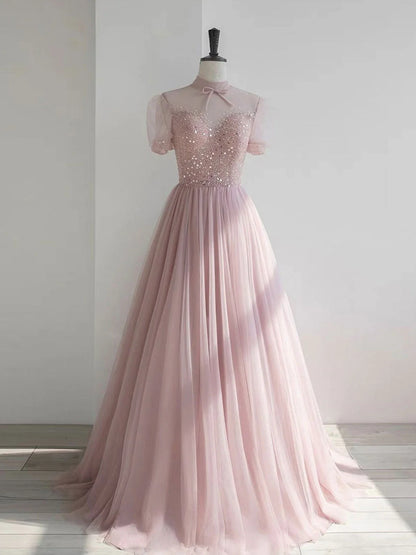 Round neck tulle sequin long prom dress