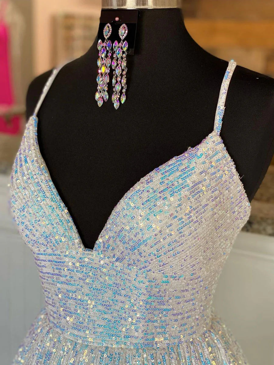 Simple V neck sequin long prom dress