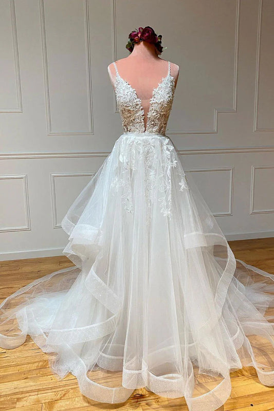 V neck tulle lace long Wedding Dresses