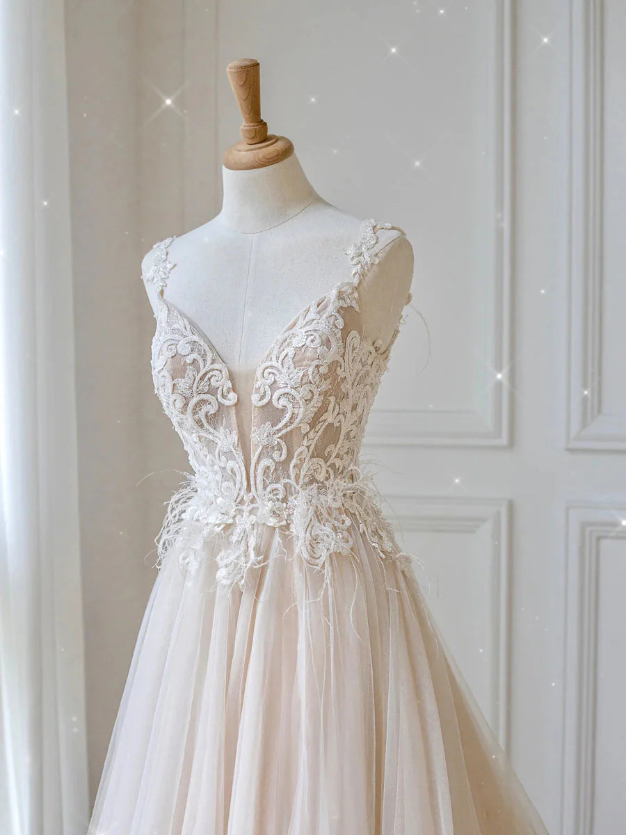 V neck tulle lace long prom dress