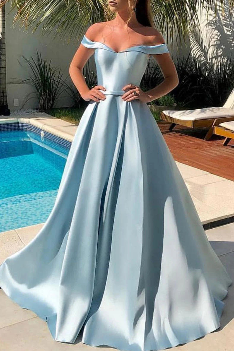 Simple off shoulder satin long prom dress