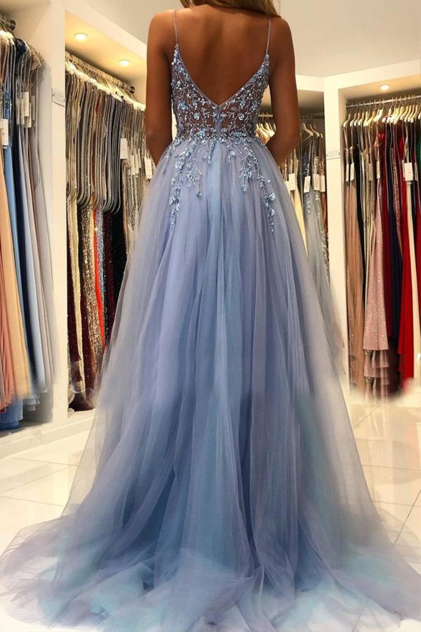 A Line V Neck Tulle Beading Long Prom Dresses