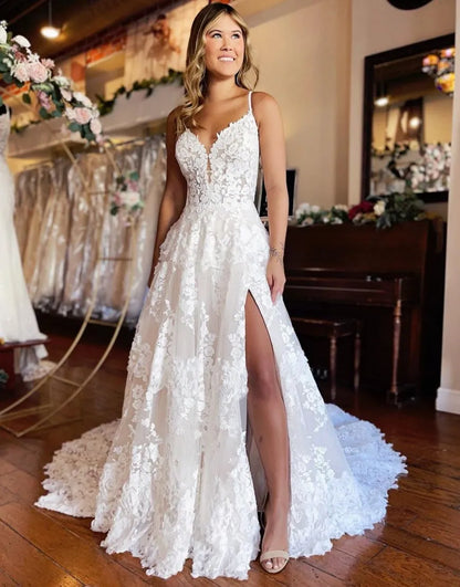 A-Line Spaghetti Straps Lace Wedding Dress