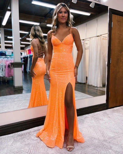 Mermaid Spaghetti Straps Lace Prom Dress With Split