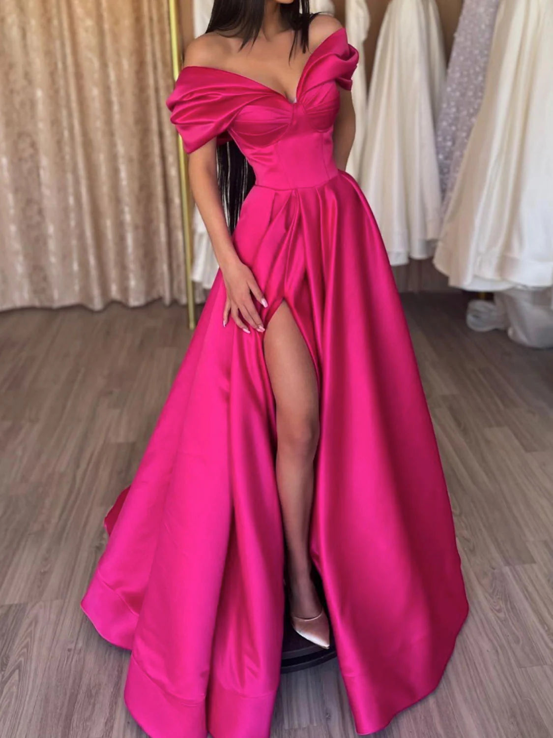 V neck off shoulder satin long prom dress