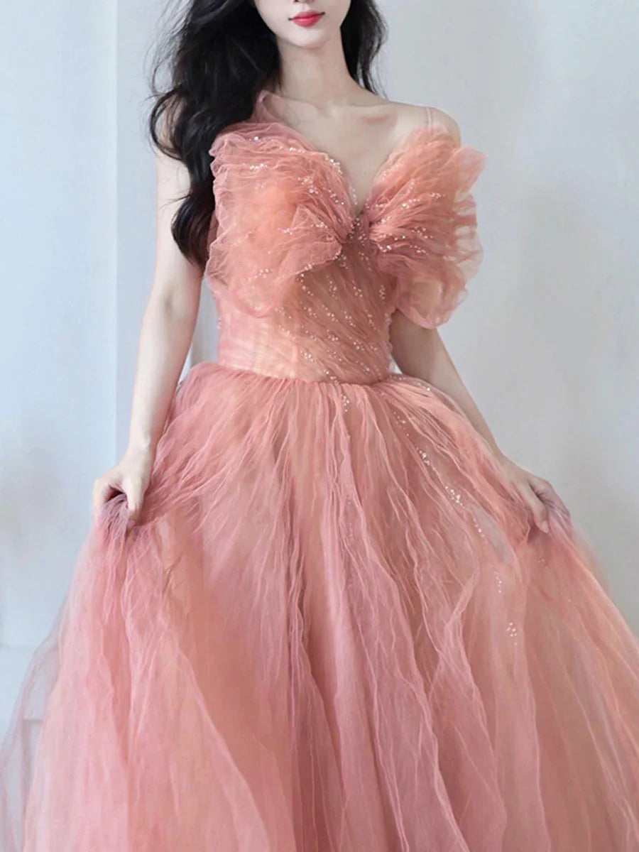 Tulle sequin long prom dress