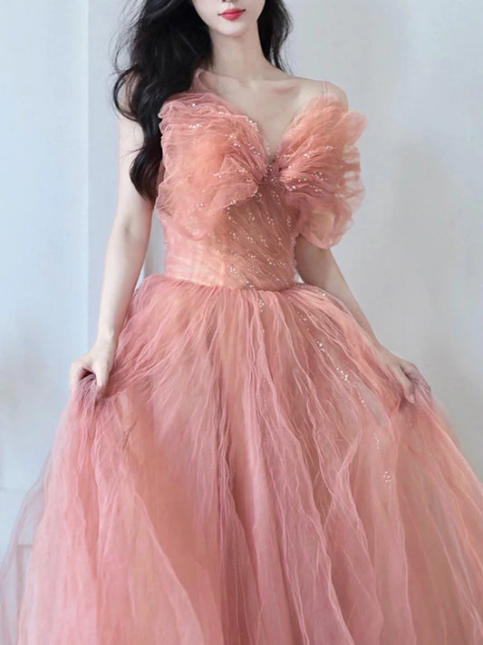 Tulle sequin long prom dress