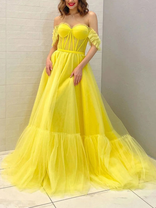 Off shoulder tulle long prom dress