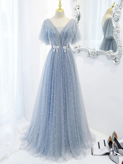 V neck tulle beads long prom dress