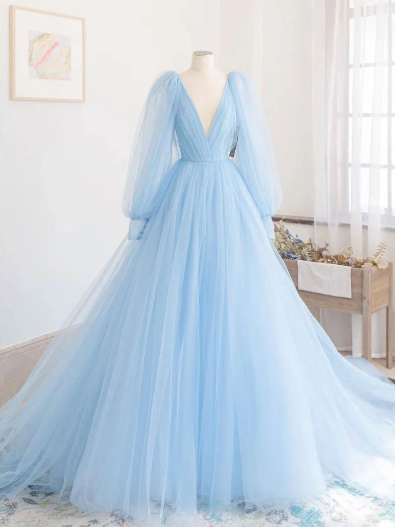 V neck tulle long prom dress