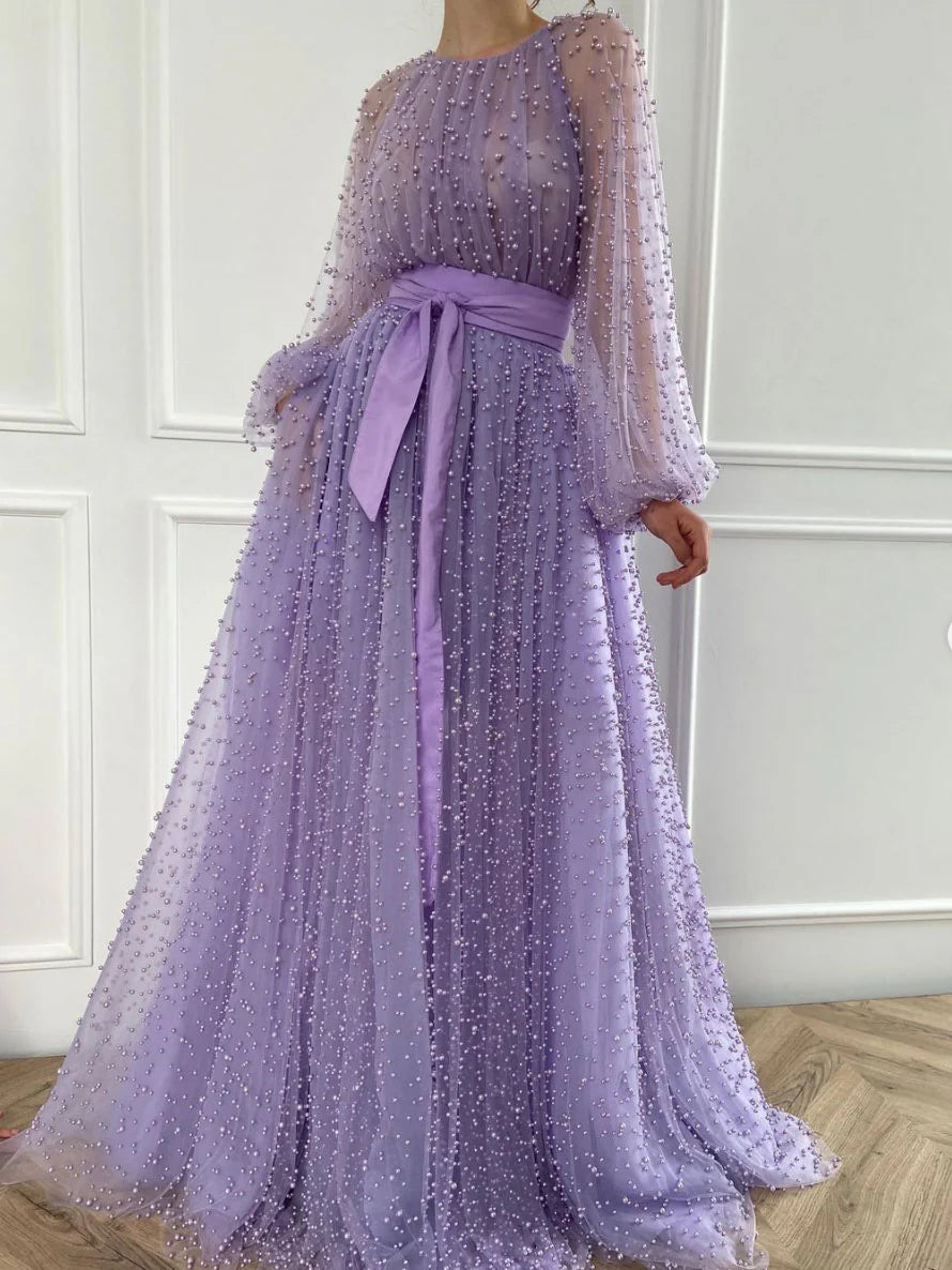 Round neck tulle beads long prom dress