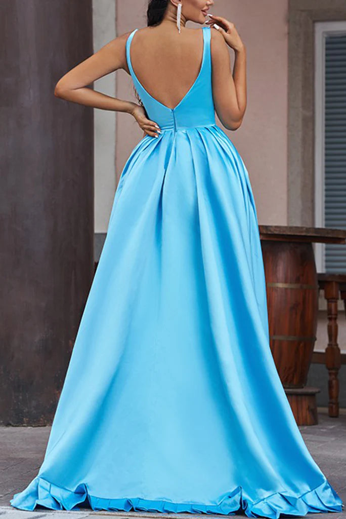 A Line Asymmetrical Straps V Neck Satin Prom Dresses With Ruffles