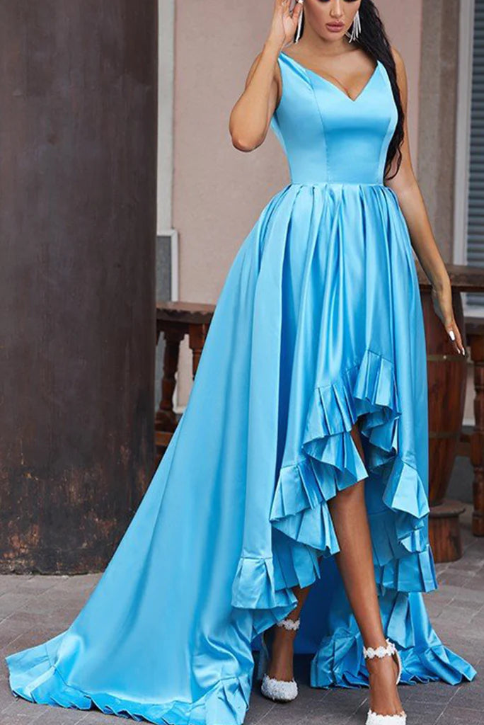 A Line Asymmetrical Straps V Neck Satin Prom Dresses With Ruffles