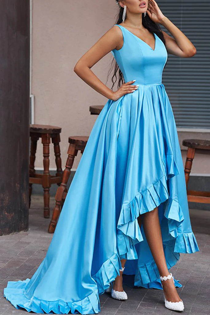 A Line Asymmetrical Straps V Neck Satin Prom Dresses With Ruffles