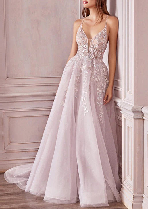 A-Line Princess V-Neck Floor-Length Applique Tulle Prom Dresses