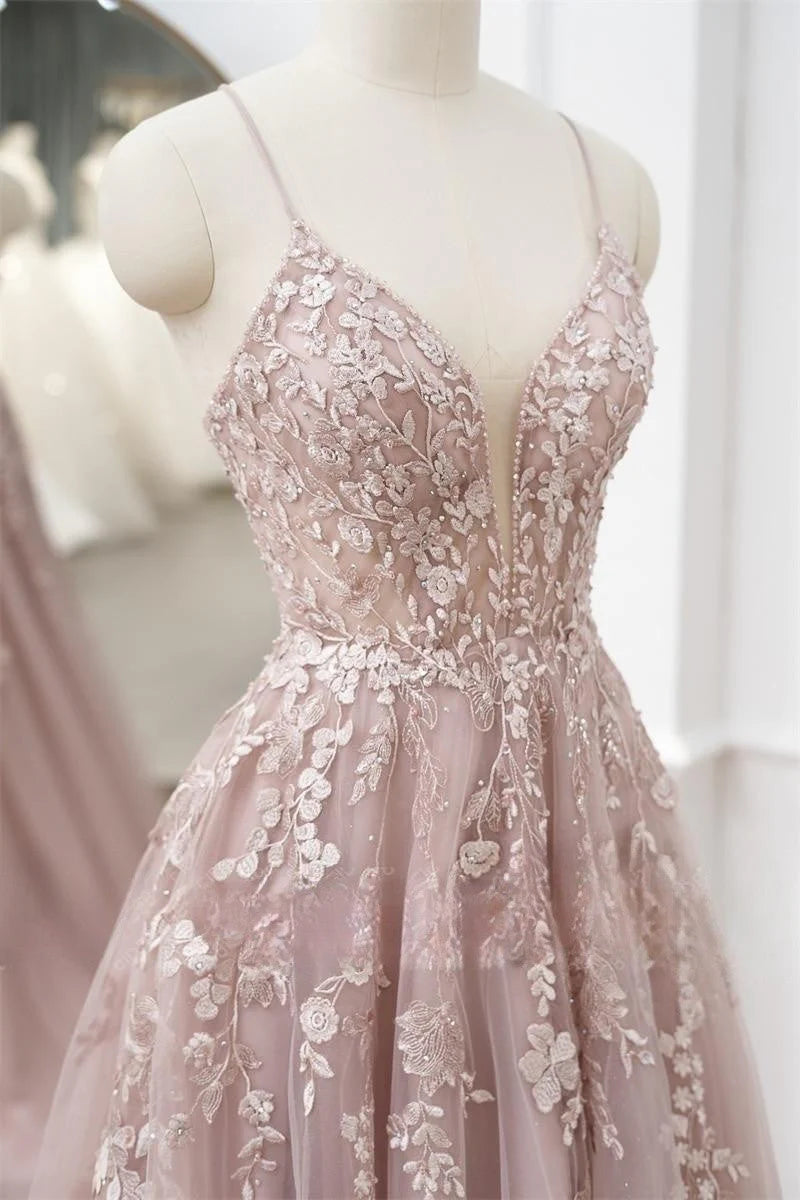 A-Line Princess V-Neck Floor-Length Applique Tulle Prom Dresses