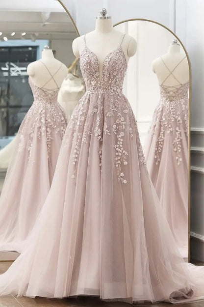 A-Line Princess V-Neck Floor-Length Applique Tulle Prom Dresses