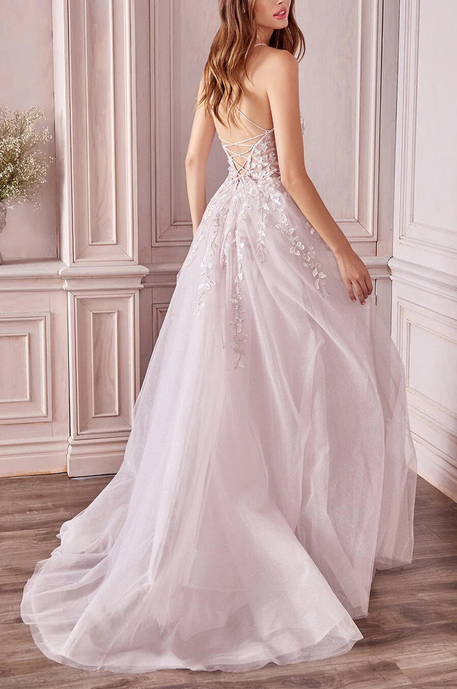 A-Line Princess V-Neck Floor-Length Applique Tulle Prom Dresses