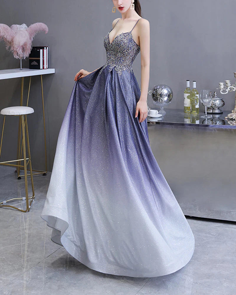 A Line Spaghetti Strap V Neck Sequin Beads Floor Length Prom Dresses