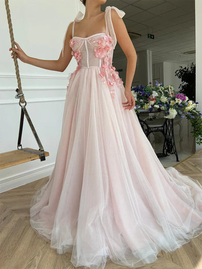 A-Line Sweetheart Open Back Long with Flowers Prom Dresses