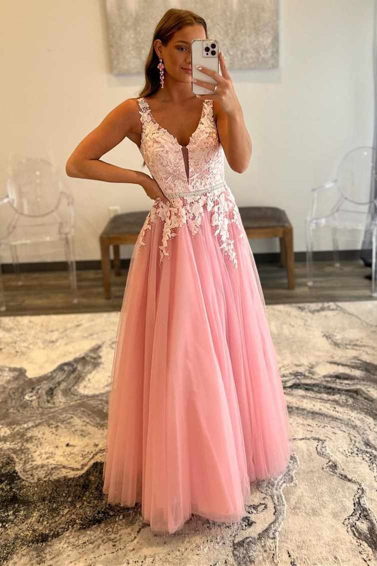 A Line Tulle V Neck Straps Lace Appliques Prom Dresses Long Evening Dresses