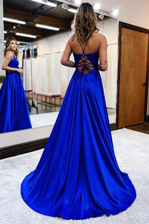 A-Line Long Satin Prom Evening Dress with Split